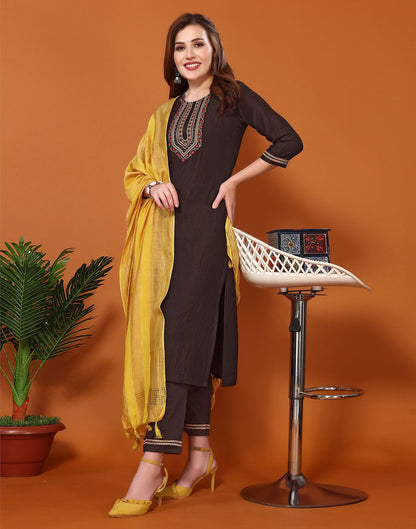 Brown Embroidery Chinnon Straight Kurta With Pant And Dupatta