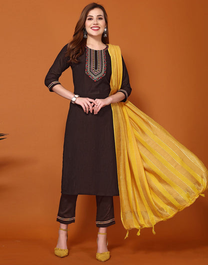 Brown Embroidery Chinnon Straight Kurta With Pant And Dupatta