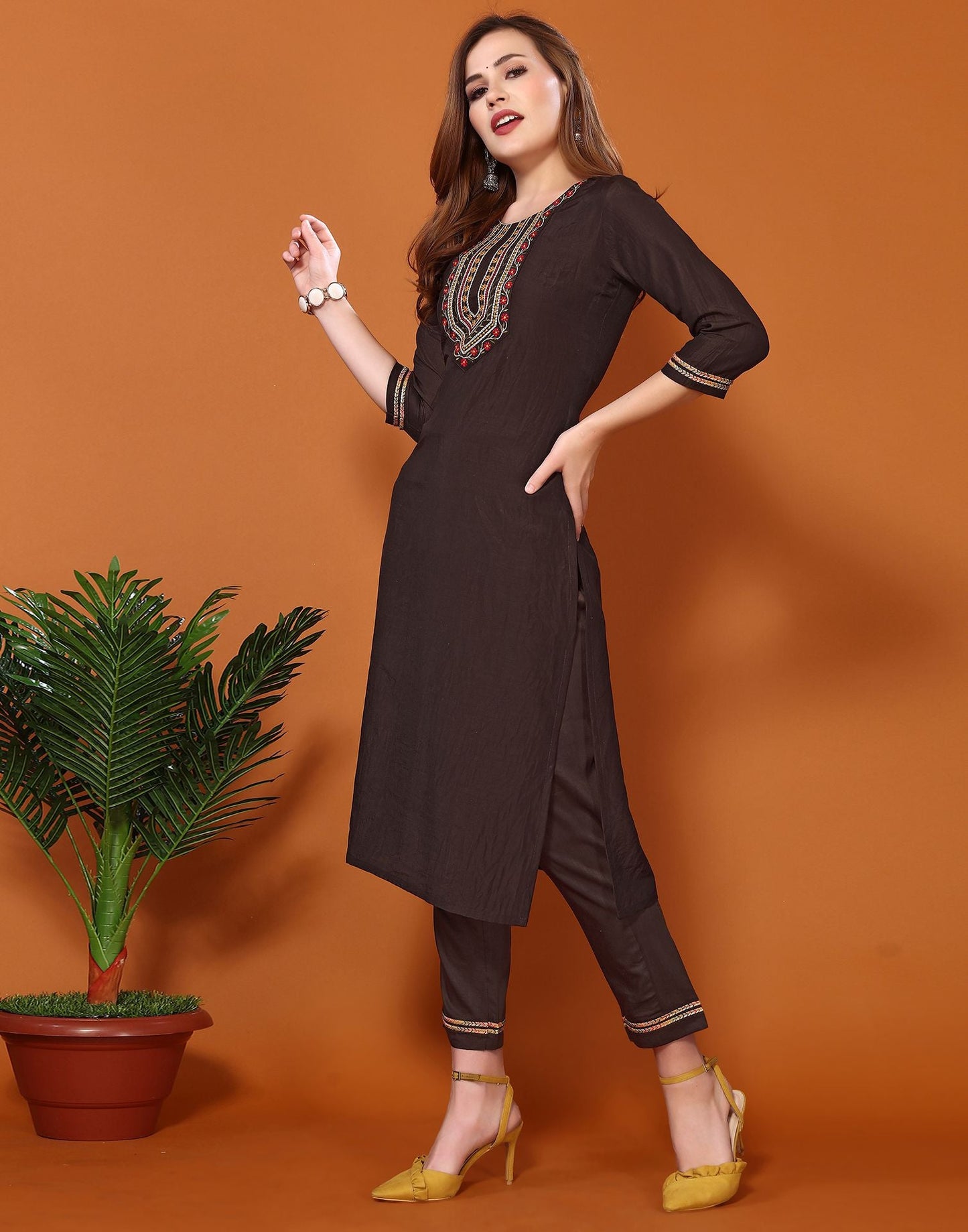 Brown Embroidery Chinnon Straight Kurta With Pant And Dupatta