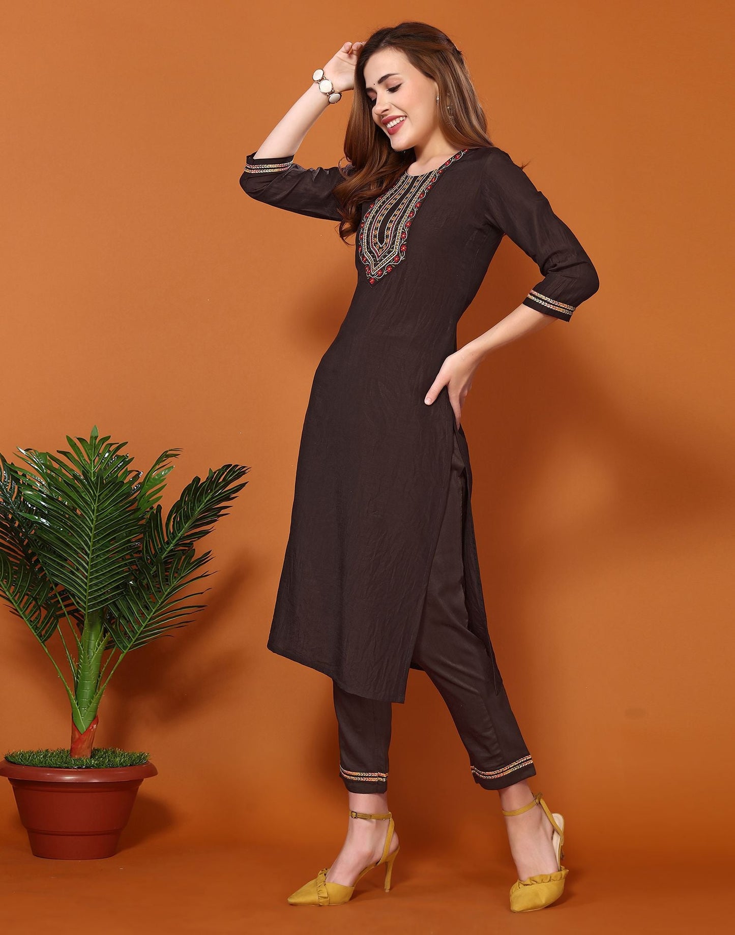 Brown Embroidery Chinnon Straight Kurta With Pant And Dupatta