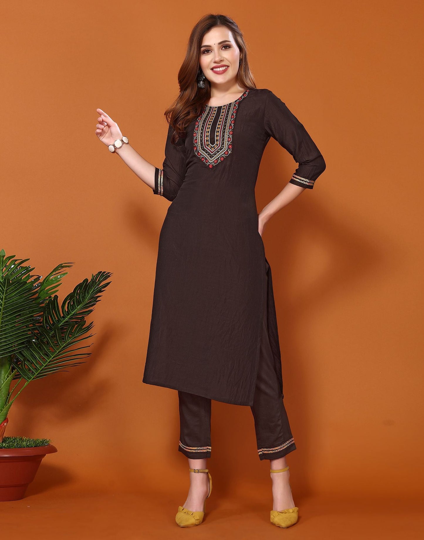 Brown Embroidery Chinnon Straight Kurta With Pant And Dupatta