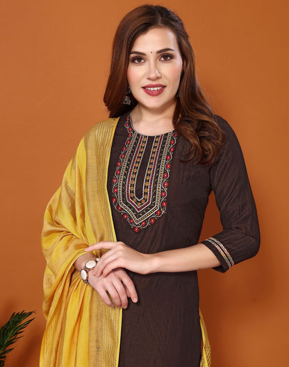 Brown Embroidery Chinnon Straight Kurta With Pant And Dupatta