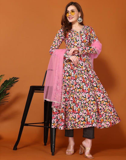 Multicoloured Printed Flared Kurta Kurti With Pant And Dupatta | Leemboodi