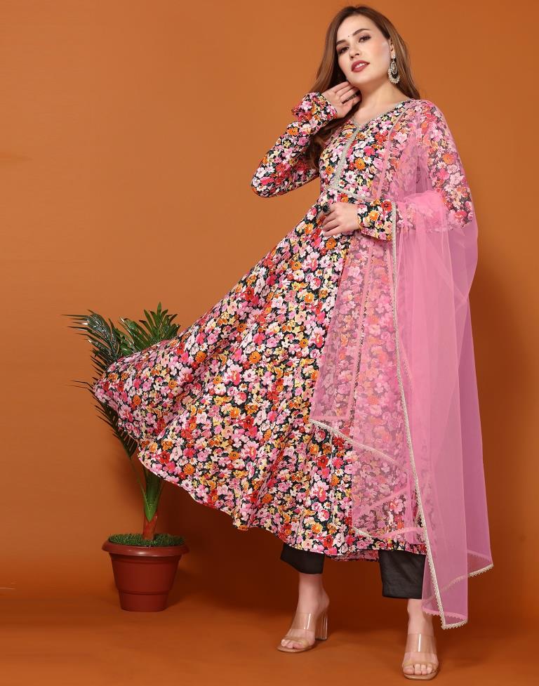 Multicoloured Printed Flared Kurta Kurti With Pant And Dupatta | Leemboodi