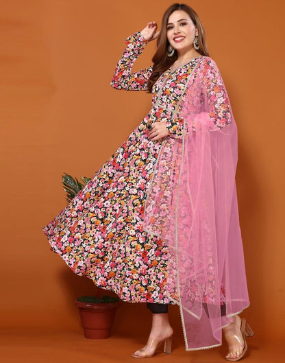 Multicoloured Printed Flared Kurta Kurti With Pant And Dupatta | Leemboodi