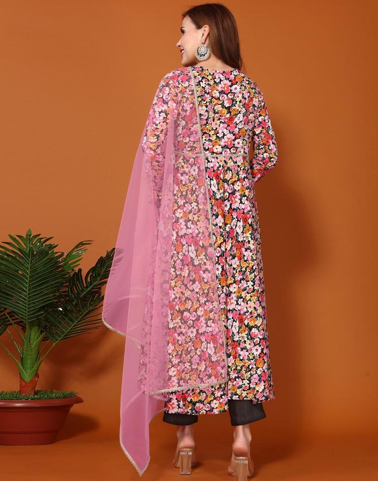 Multicoloured Printed Flared Kurta Kurti With Pant And Dupatta | Leemboodi