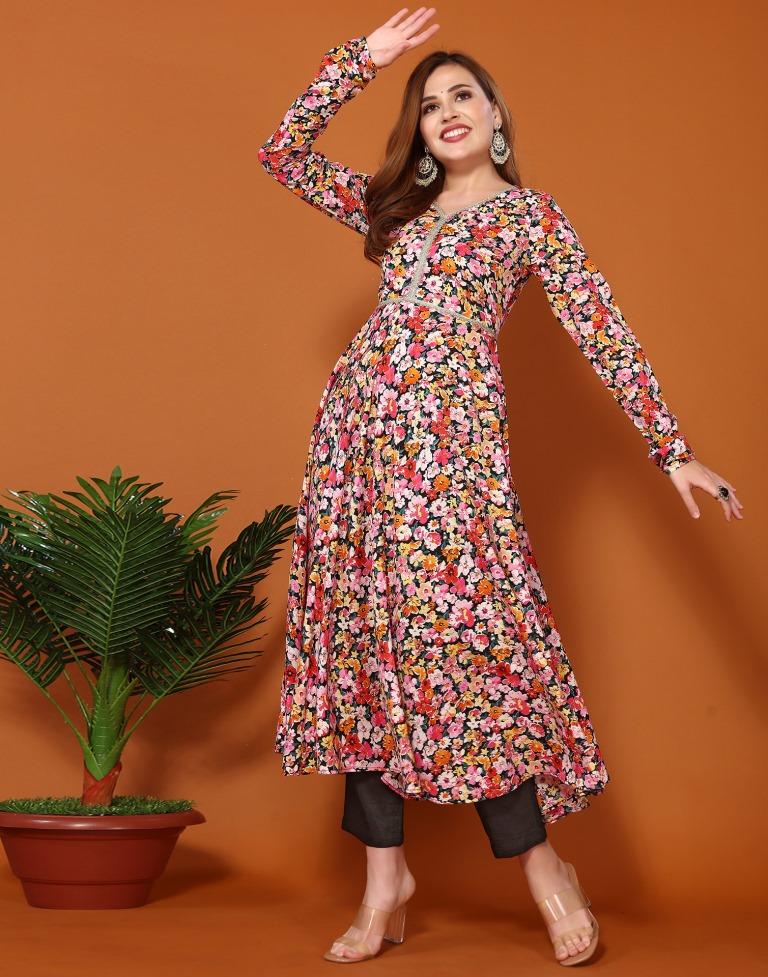 Multicoloured Printed Flared Kurta Kurti With Pant And Dupatta | Leemboodi