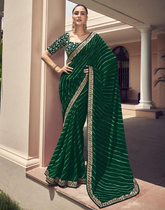 Ready to Wear Dark Green Georgette Printed Saree