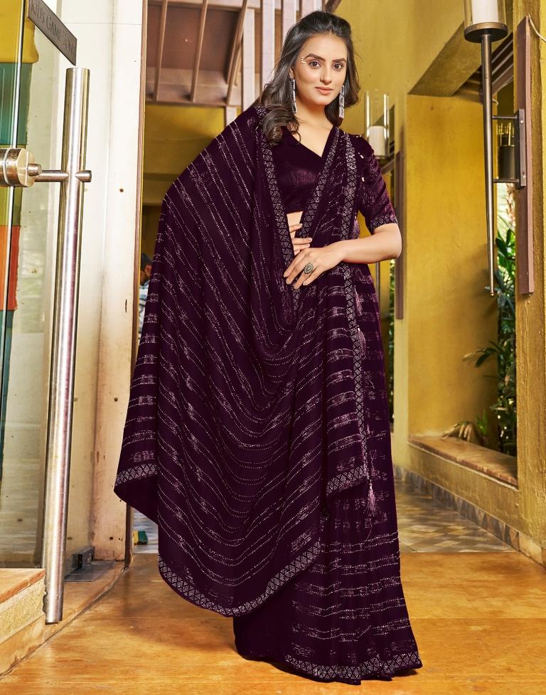 Ready to Wear Wine Chiffon Zari Saree