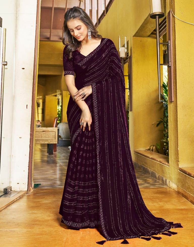 Ready to Wear Wine Chiffon Zari Saree