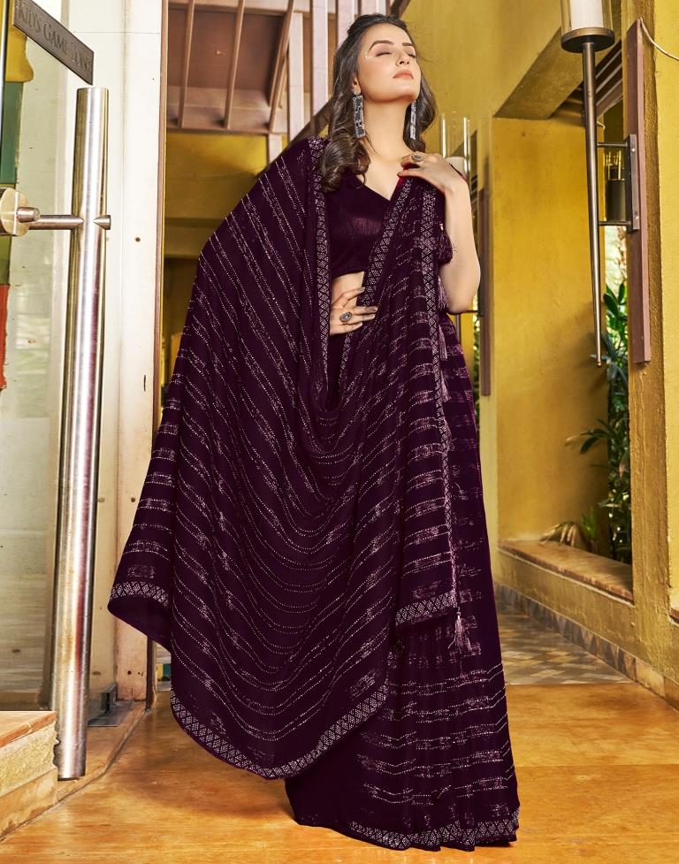 Ready to Wear Wine Chiffon Zari Saree