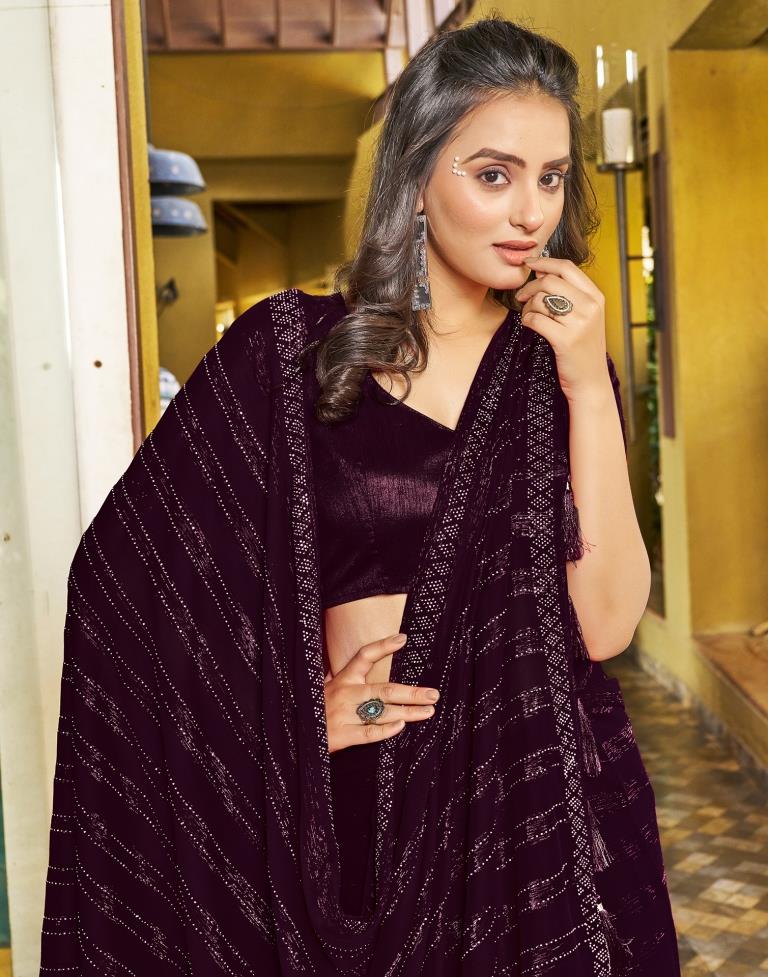 Ready to Wear Wine Chiffon Zari Saree