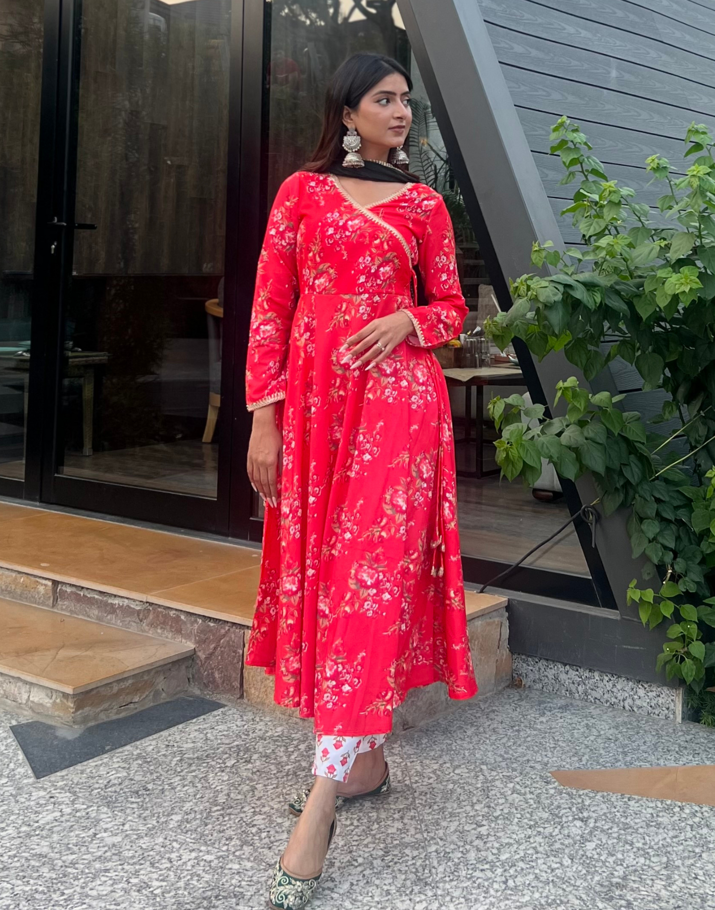 Cherry Red Printed Angrakha Kurti with Pant And Dupatta