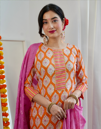 Light Orange Cotton Printed Straight Kurta With Pant And Dupatta