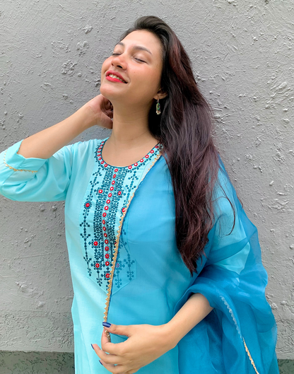 Light Blue Cotton Embroidery Straight Kurta With Pant And Dupatta