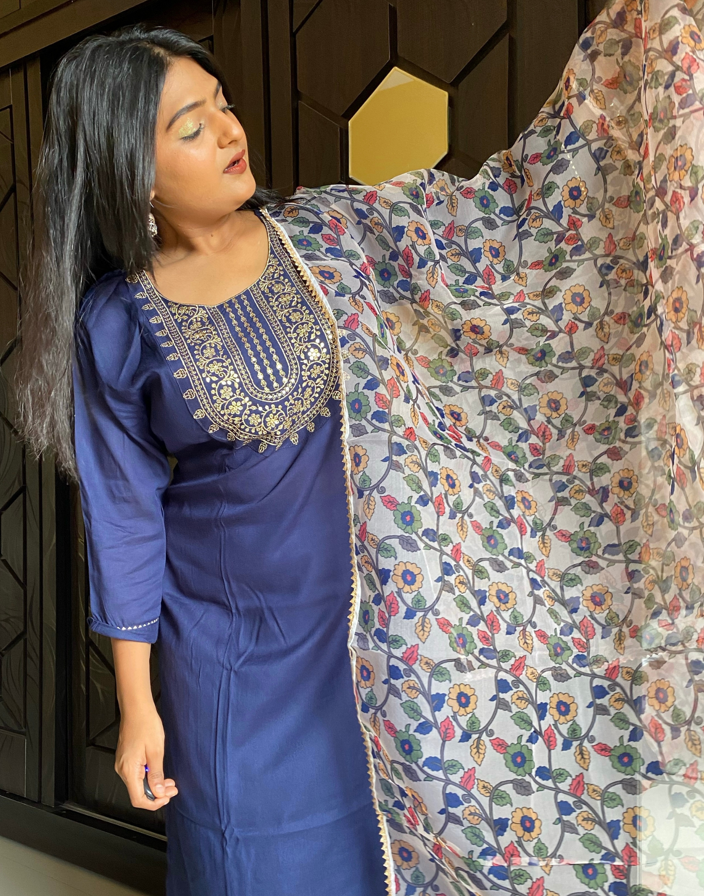 Navy Blue Sequence Straight Kurti With Pant And Dupatta | Leemboodi