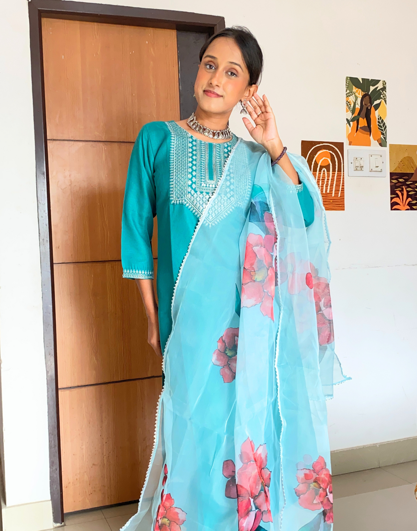 Rama Green Sequence Straight Kurti With Pant And Dupatta