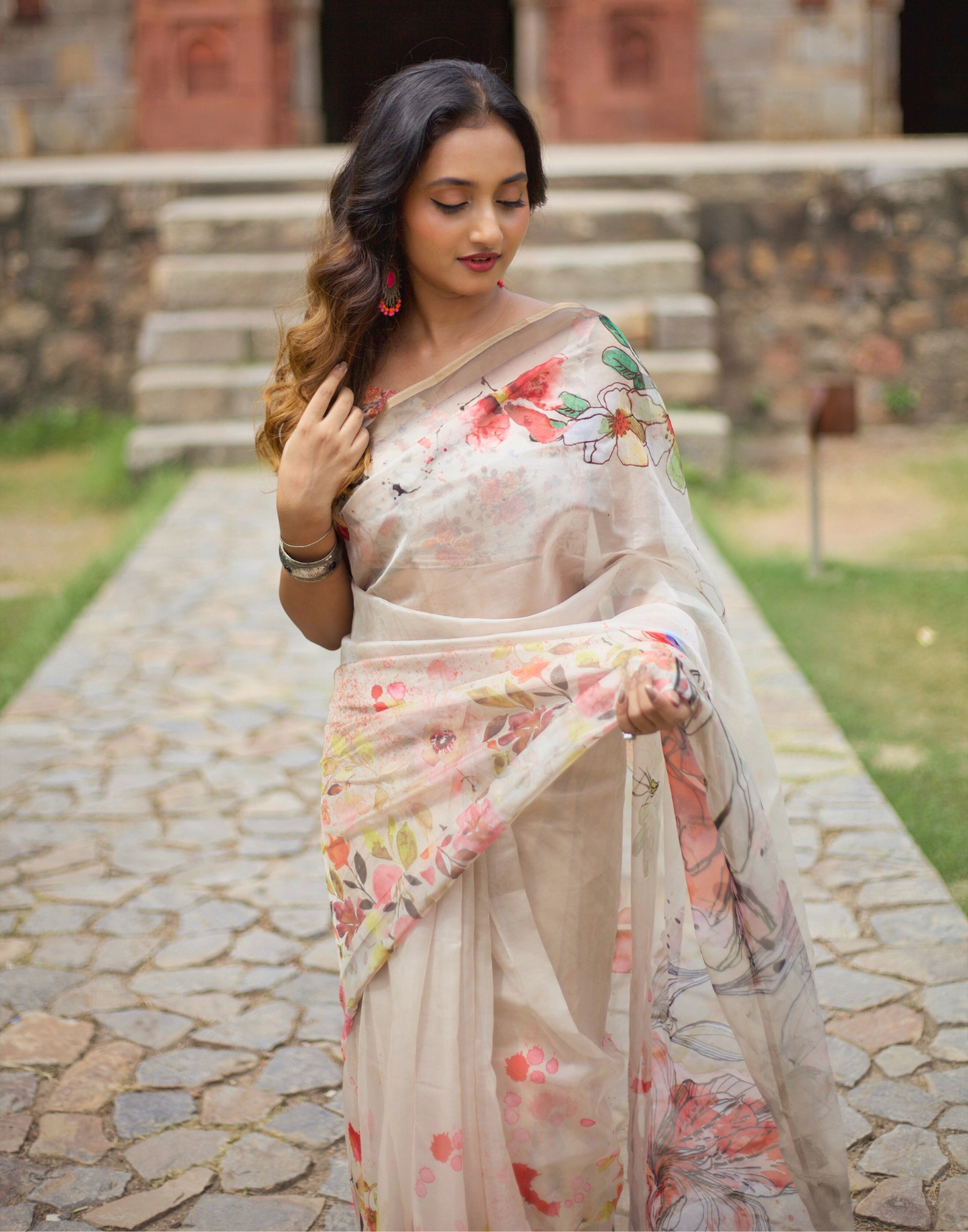 Beige Organza Printed Saree