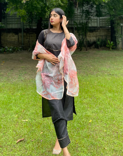 Black Printed Straight Kurti With Pant And Dupatta