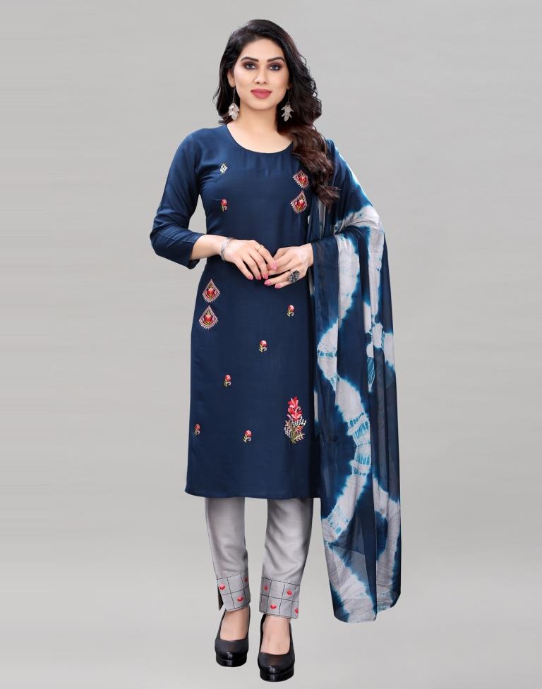 Rama Blue Embroidered Kurti with Pant And Dupatta | Leemboodi