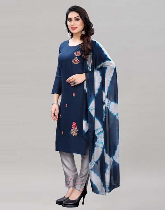 Rama Blue Embroidered Kurti with Pant And Dupatta | Leemboodi