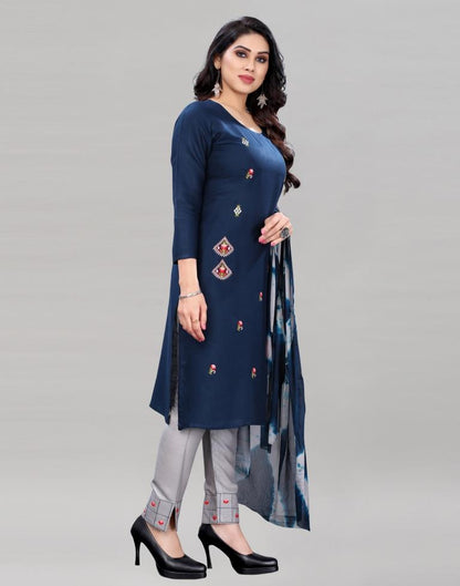 Rama Blue Embroidered Kurti with Pant And Dupatta | Leemboodi