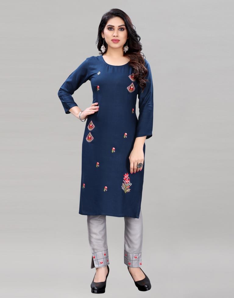 Rama Blue Embroidered Kurti with Pant And Dupatta | Leemboodi