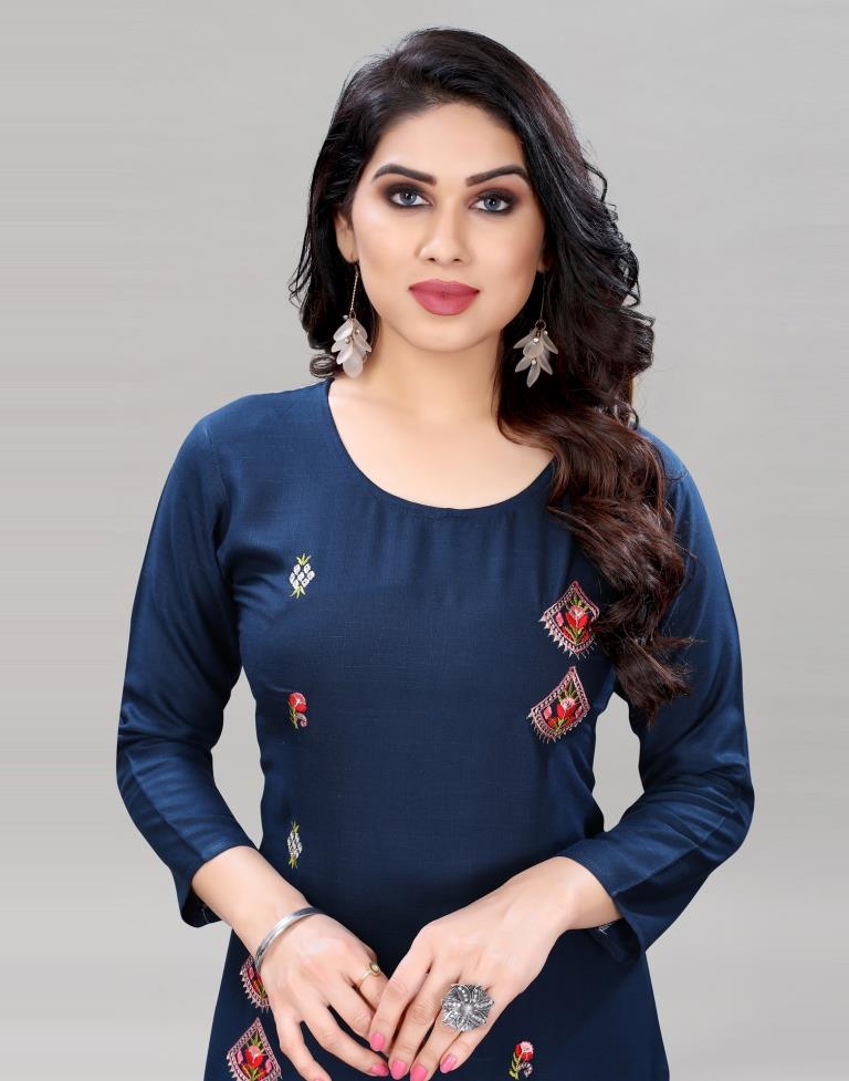 Rama Blue Embroidered Kurti with Pant And Dupatta | Leemboodi