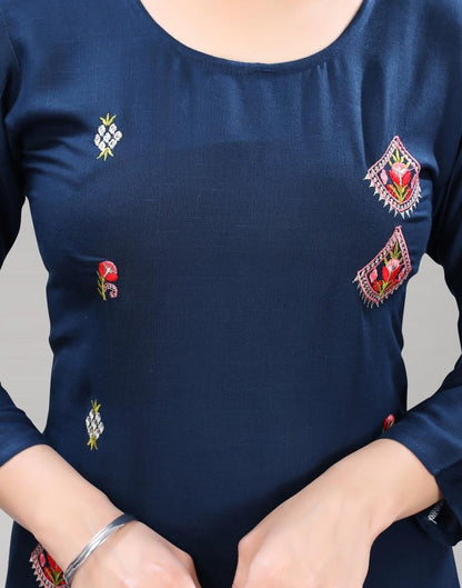 Rama Blue Embroidered Kurti with Pant And Dupatta | Leemboodi