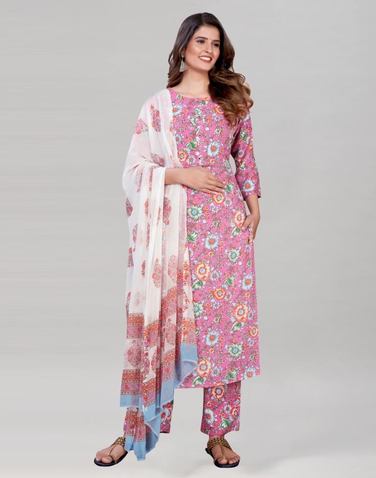 Pink Cotton Kurti with Pant And Dupatta | Leemboodi
