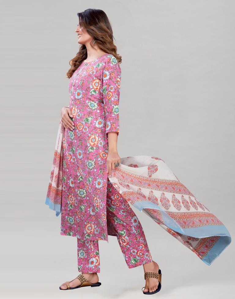Pink Cotton Kurti with Pant And Dupatta | Leemboodi