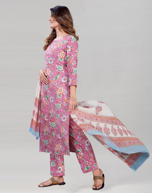 Pink Cotton Kurti with Pant And Dupatta | Leemboodi