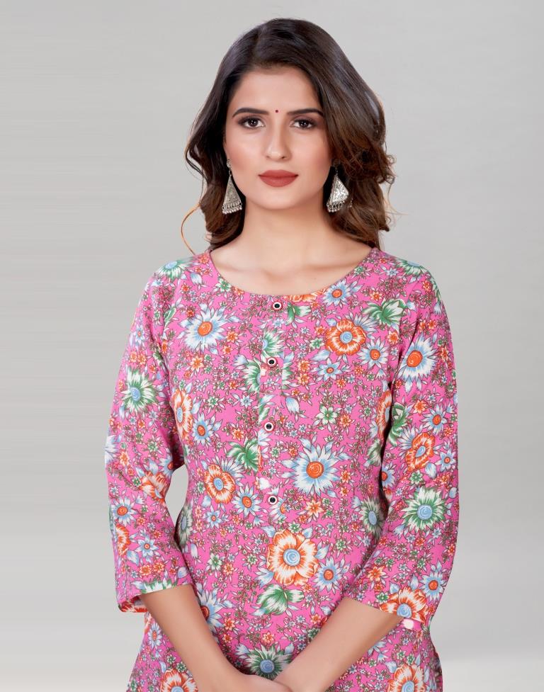Pink Cotton Kurti with Pant And Dupatta | Leemboodi