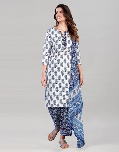 White And Blue Cotton Kurti with Pant And Dupatta | Leemboodi