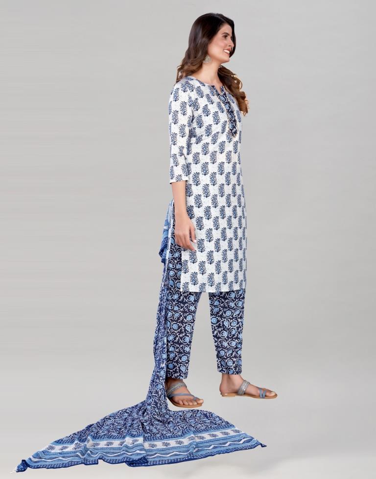 White And Blue Cotton Kurti with Pant And Dupatta | Leemboodi