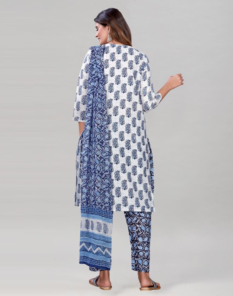 White And Blue Cotton Kurti with Pant And Dupatta | Leemboodi