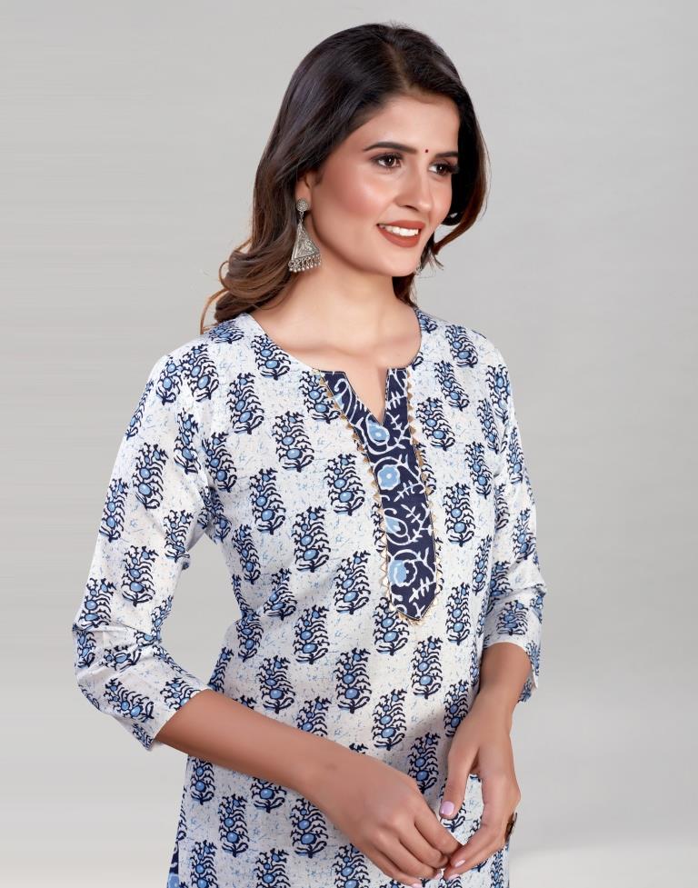 White And Blue Cotton Kurti with Pant And Dupatta | Leemboodi