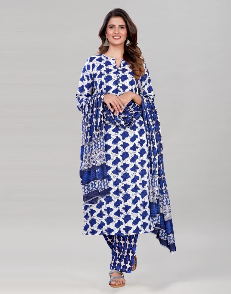 Blue And White Cotton Kurti with Pant And Dupatta | Leemboodi