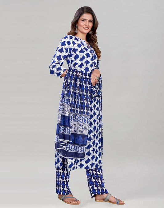 Blue And White Cotton Kurti with Pant And Dupatta | Leemboodi