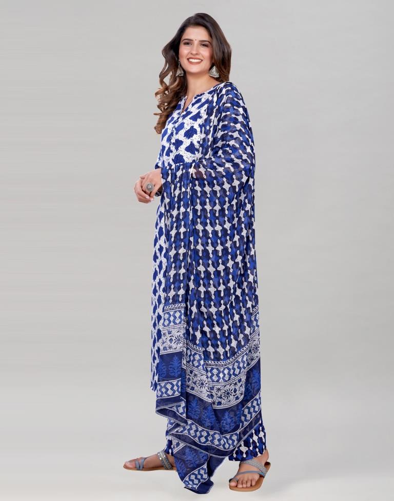 Blue And White Cotton Kurti with Pant And Dupatta | Leemboodi