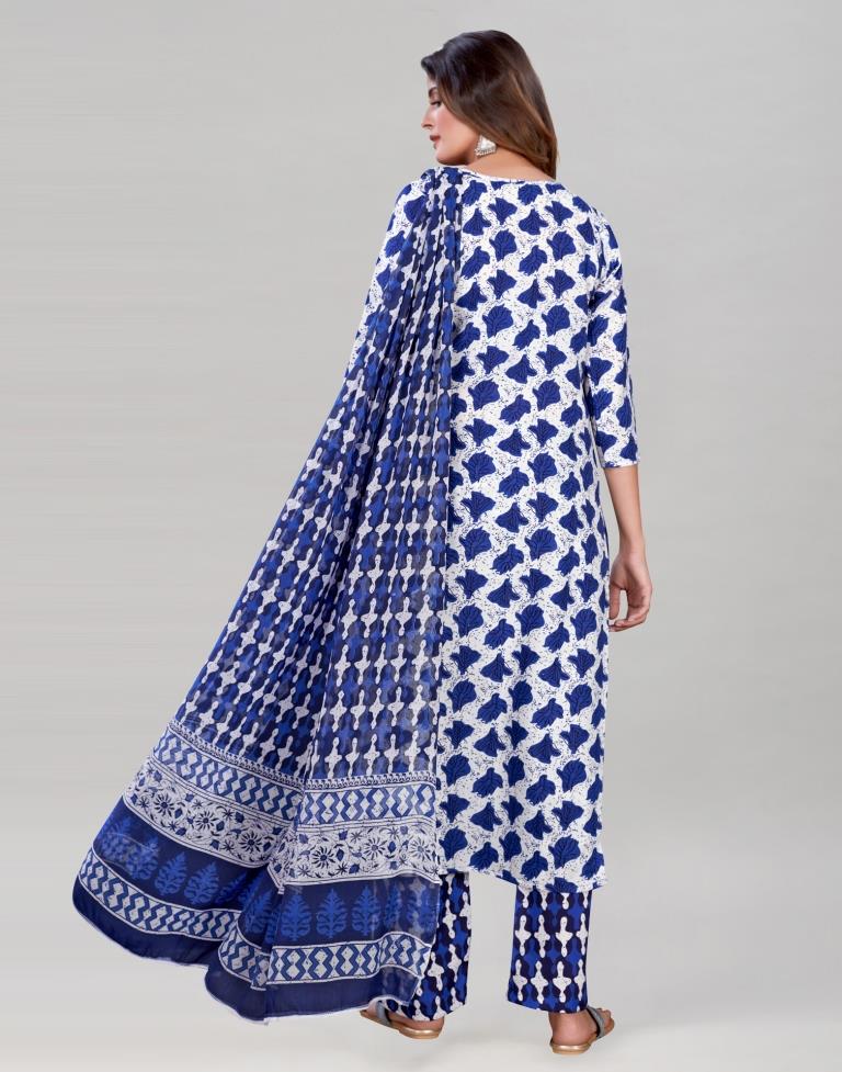 Blue And White Cotton Kurti with Pant And Dupatta | Leemboodi