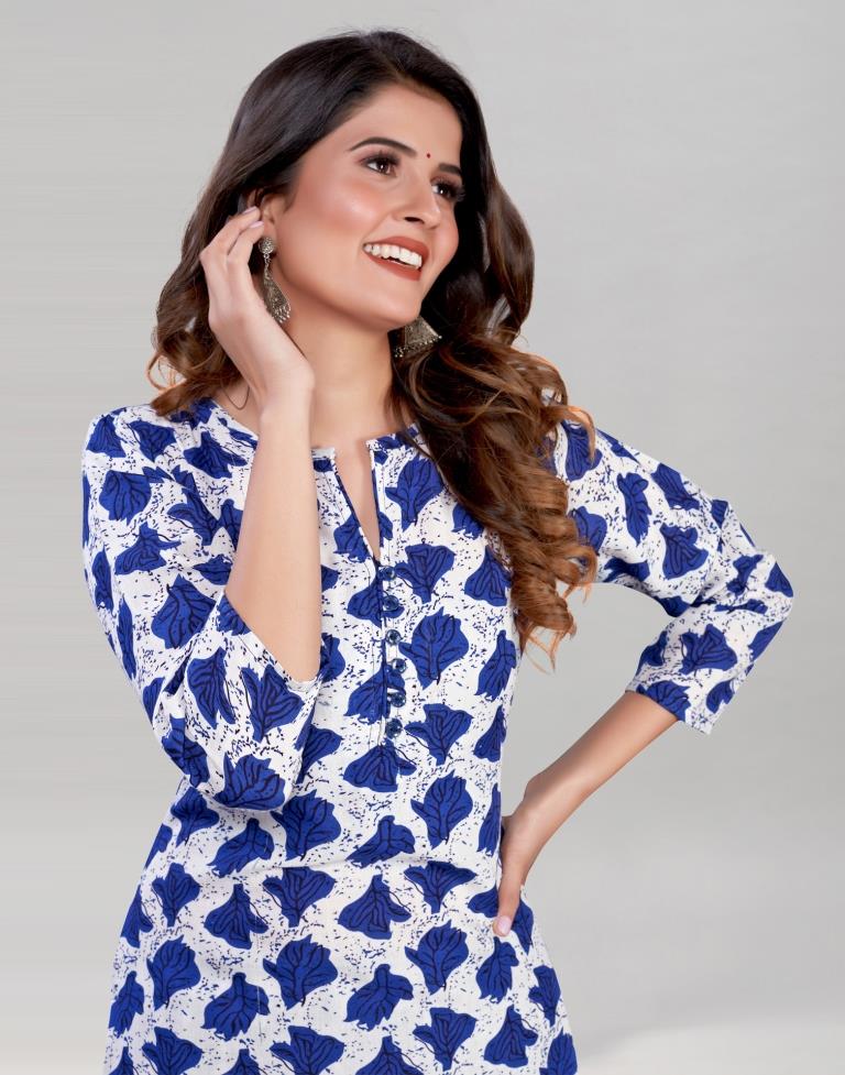 Blue And White Cotton Kurti with Pant And Dupatta | Leemboodi