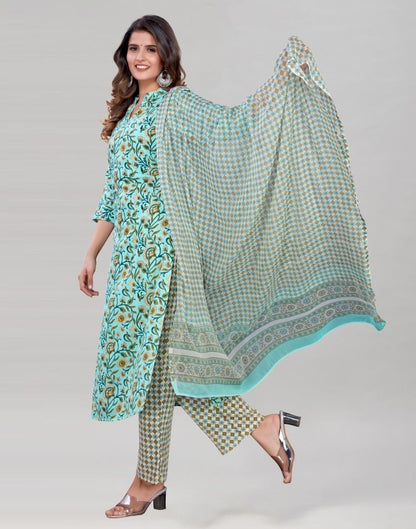 Aqua Blue Cotton Printed Kurti with Pant And Dupatta | Leemboodi