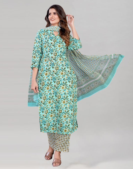 Aqua Blue Cotton Printed Kurti with Pant And Dupatta | Leemboodi