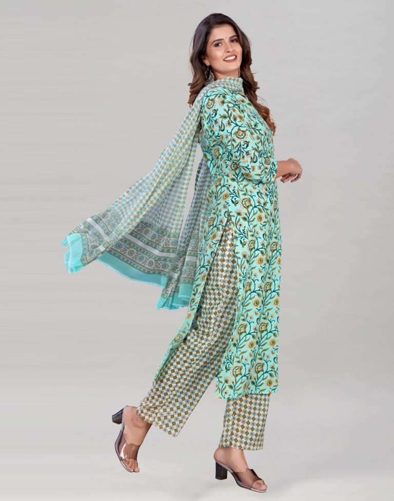 Aqua Blue Cotton Printed Kurti with Pant And Dupatta | Leemboodi