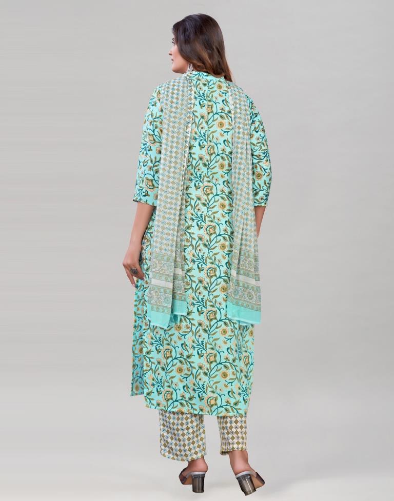 Aqua Blue Cotton Printed Kurti with Pant And Dupatta | Leemboodi