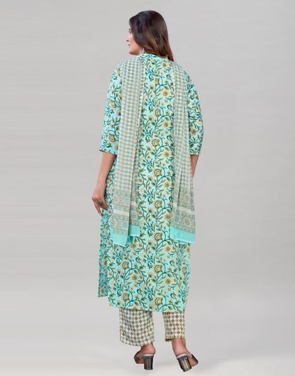 Aqua Blue Cotton Printed Kurti with Pant And Dupatta | Leemboodi