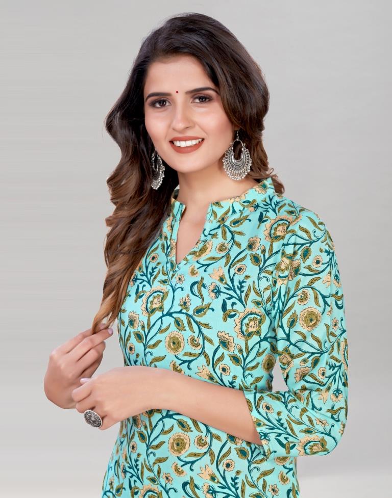 Aqua Blue Cotton Printed Kurti with Pant And Dupatta | Leemboodi
