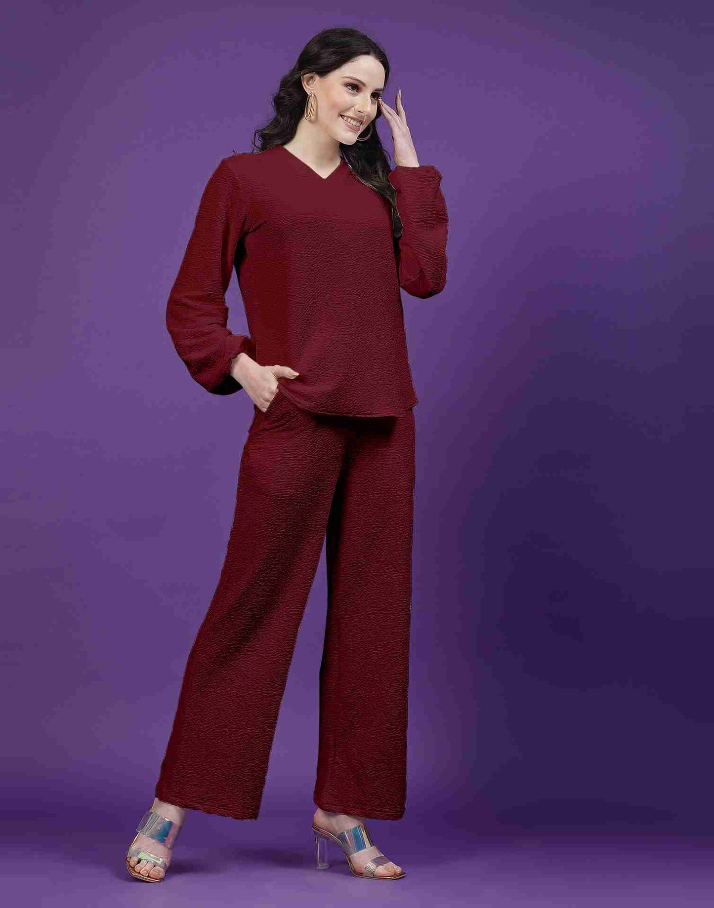 Maroon Lycra Knitted Co-ord Set