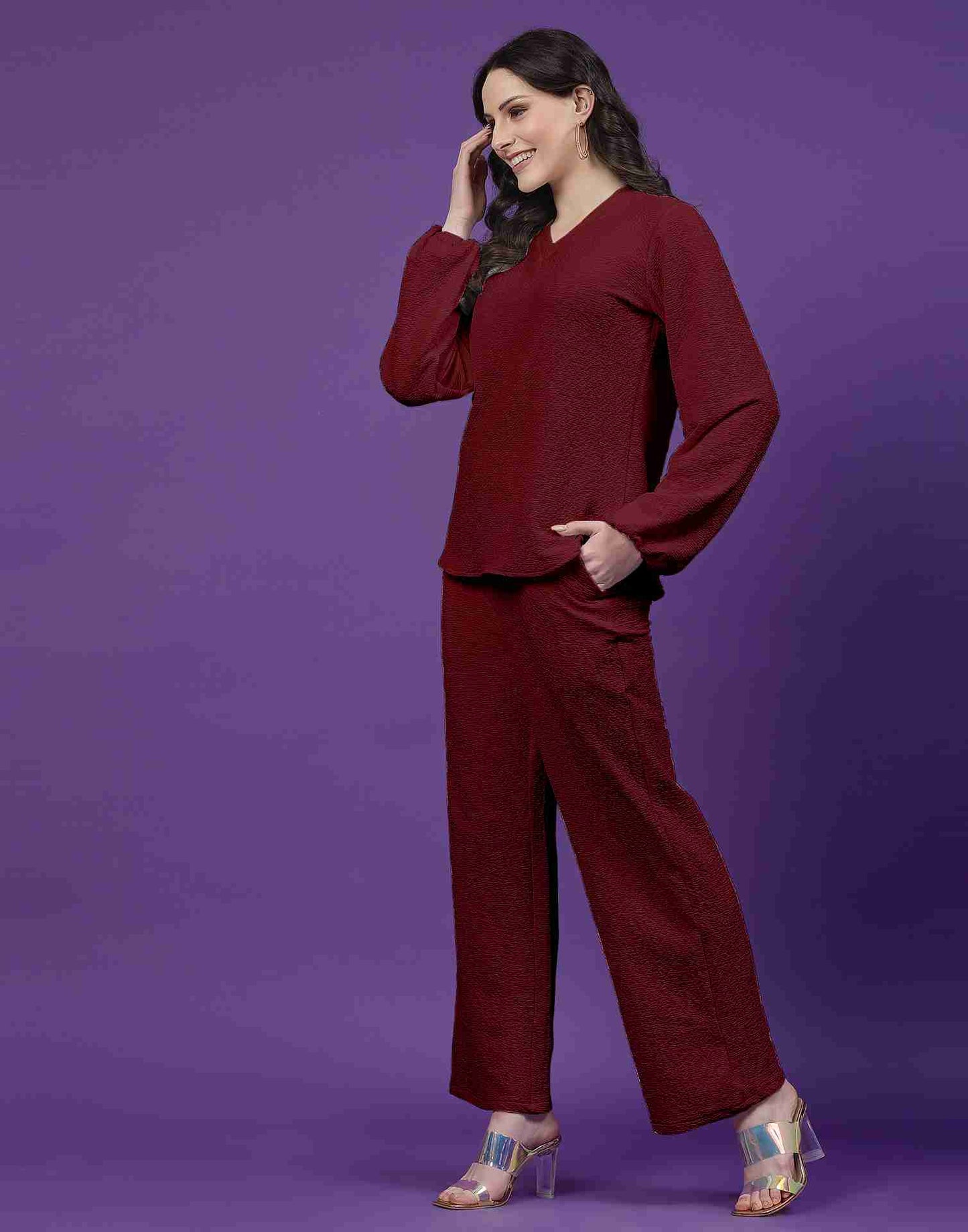 Maroon Lycra Knitted Co-ord Set